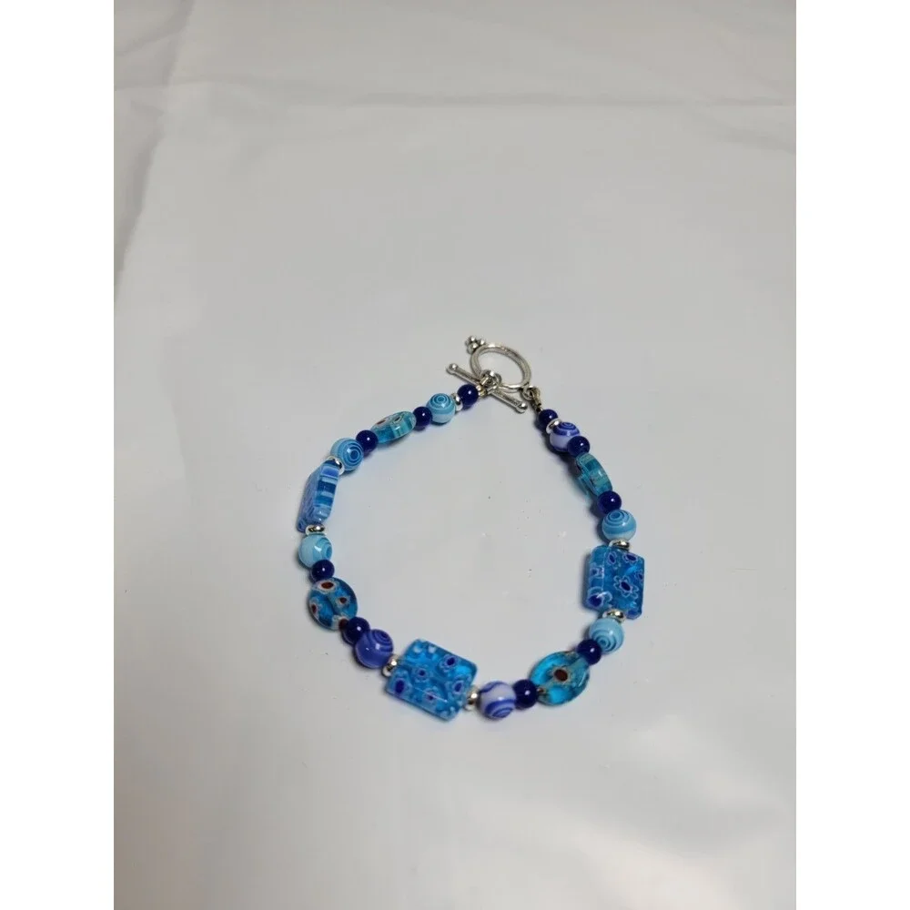 Blue Millefiori Style Beaded Bracelet Silver Tone Toggle Clasp Boho Jewelry